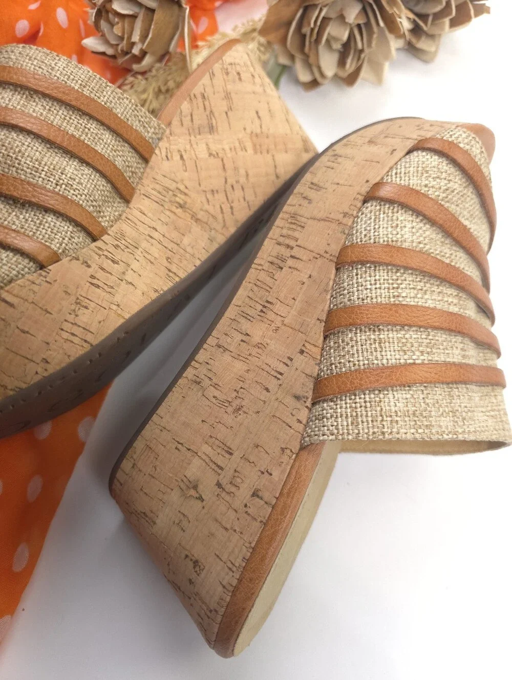 Chocolat Blu Woven Tan Cork Wedge Slide Sandals - Sz 8